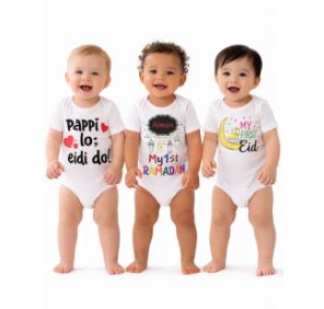 Three babies wearing white onesies with colorful text and graphics on a white background