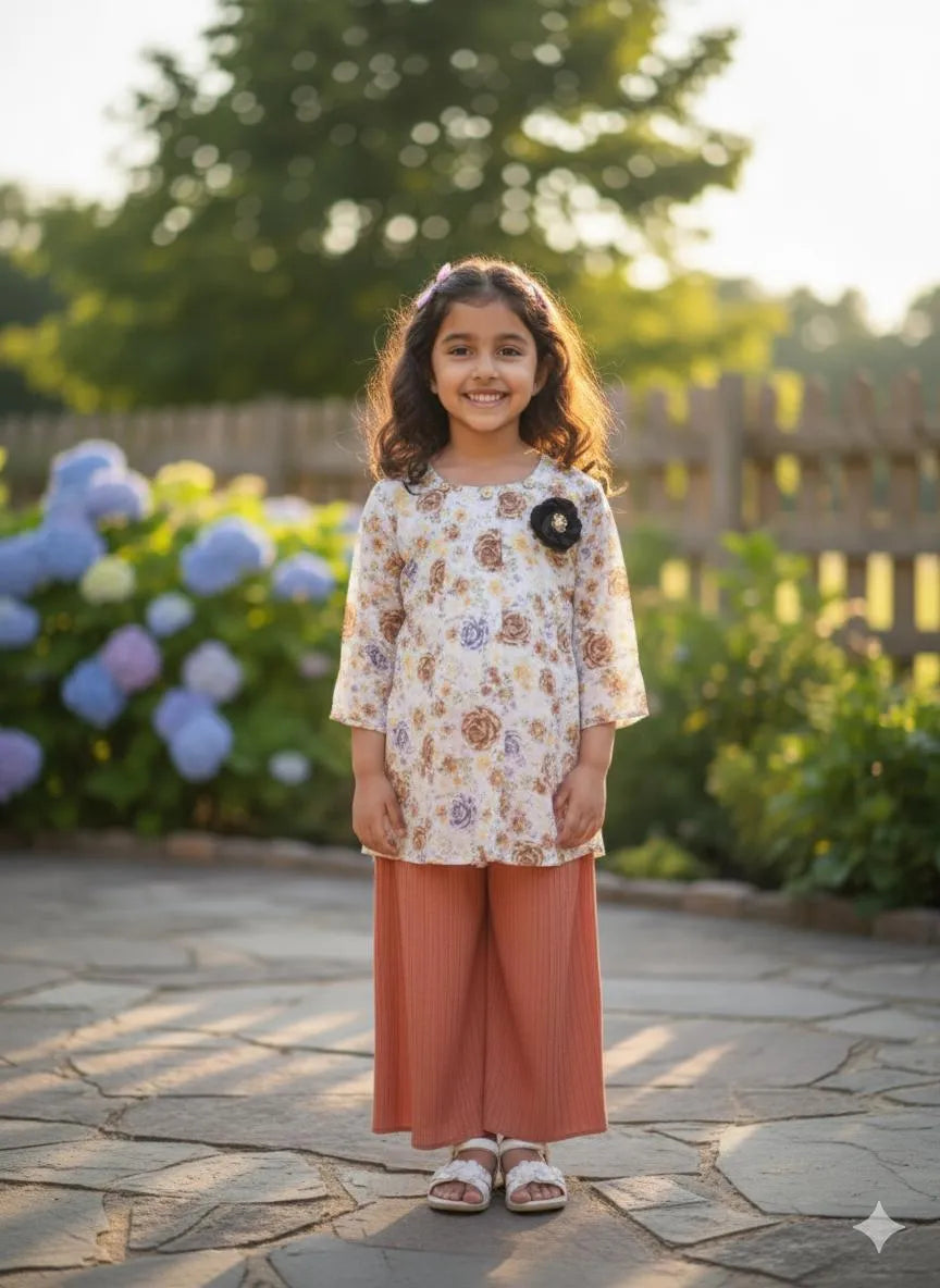 Girls Raw Silk Floral 2-Piece Suit Brown