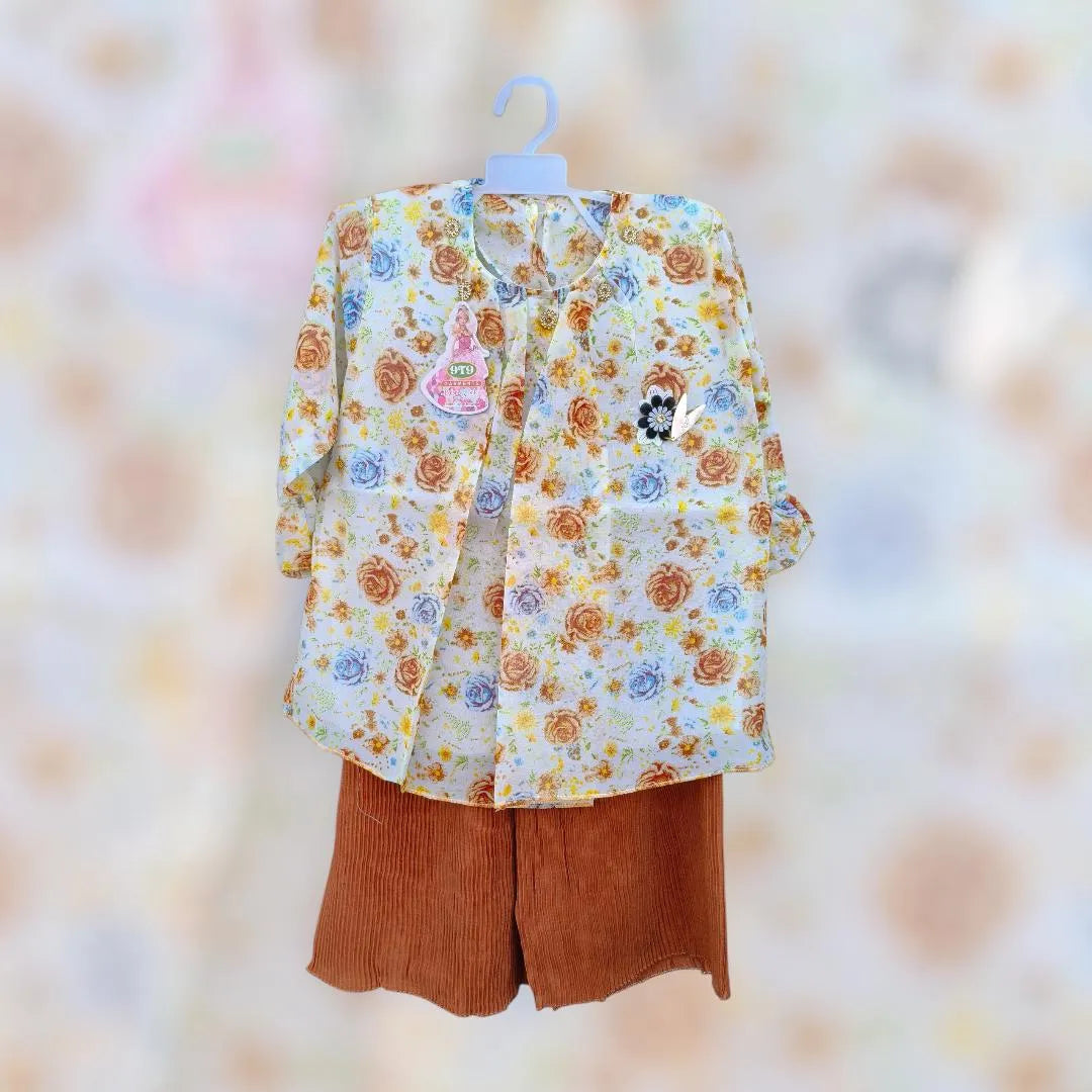 Girls Raw Silk Floral 2-Piece Suit Brown
