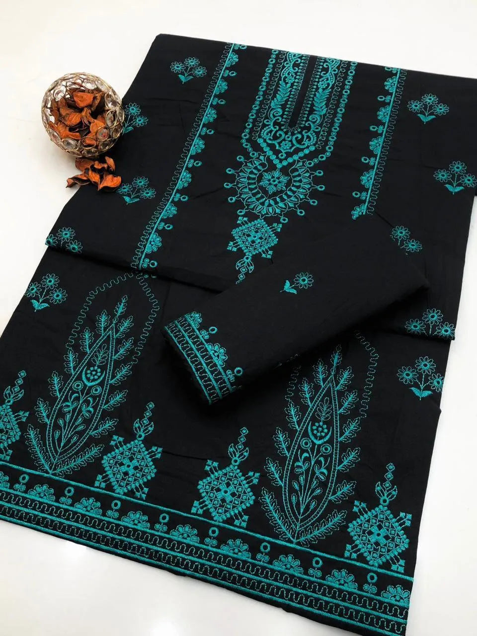 Unstitched Black Teal Embroidered Suit for Pakistani Women