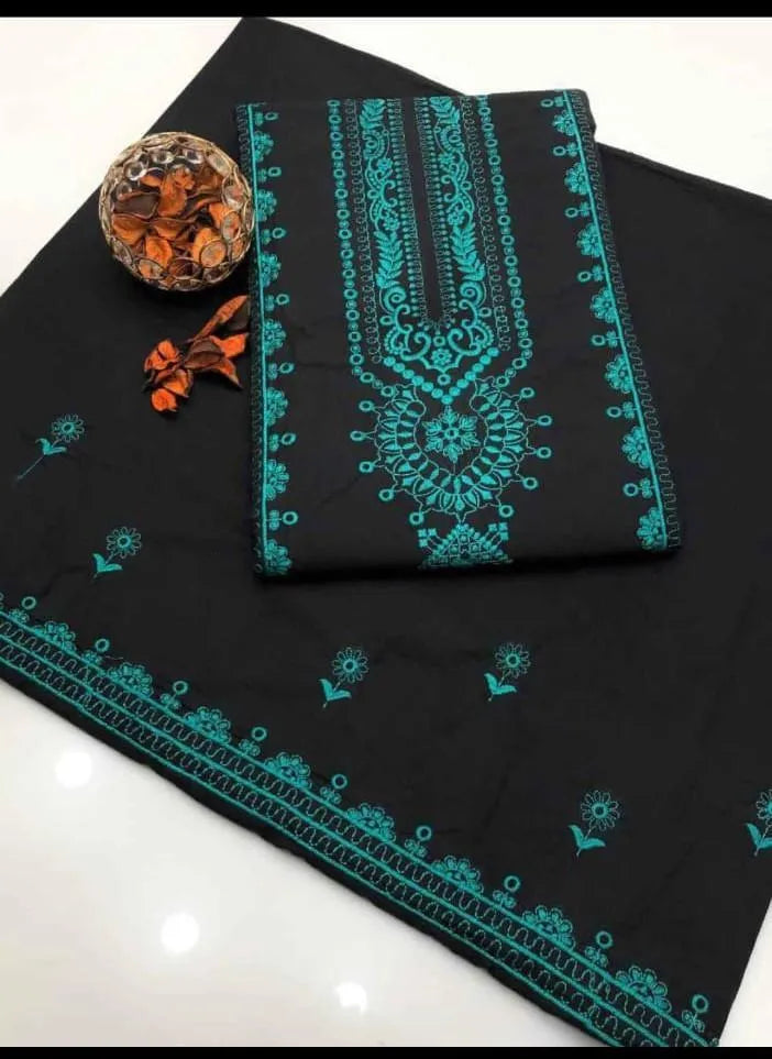 Unstitched Black Teal Embroidered Suit for Pakistani Women