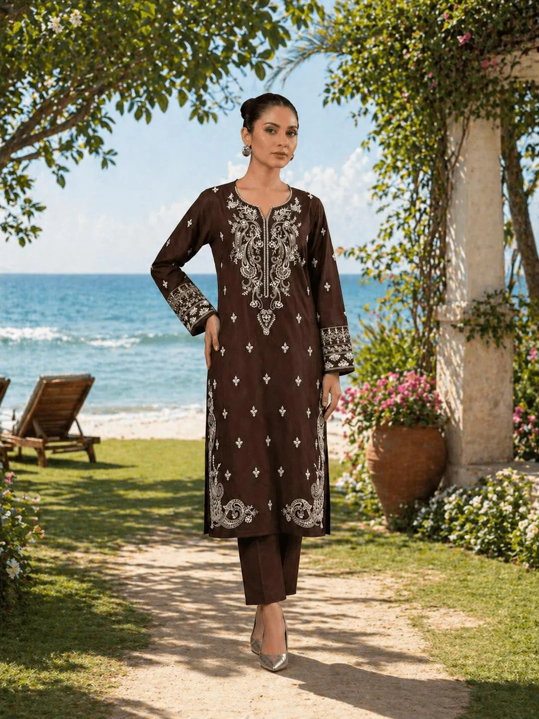 Brown Embroidered Lawn 2Pcs Shirt Trouser Set