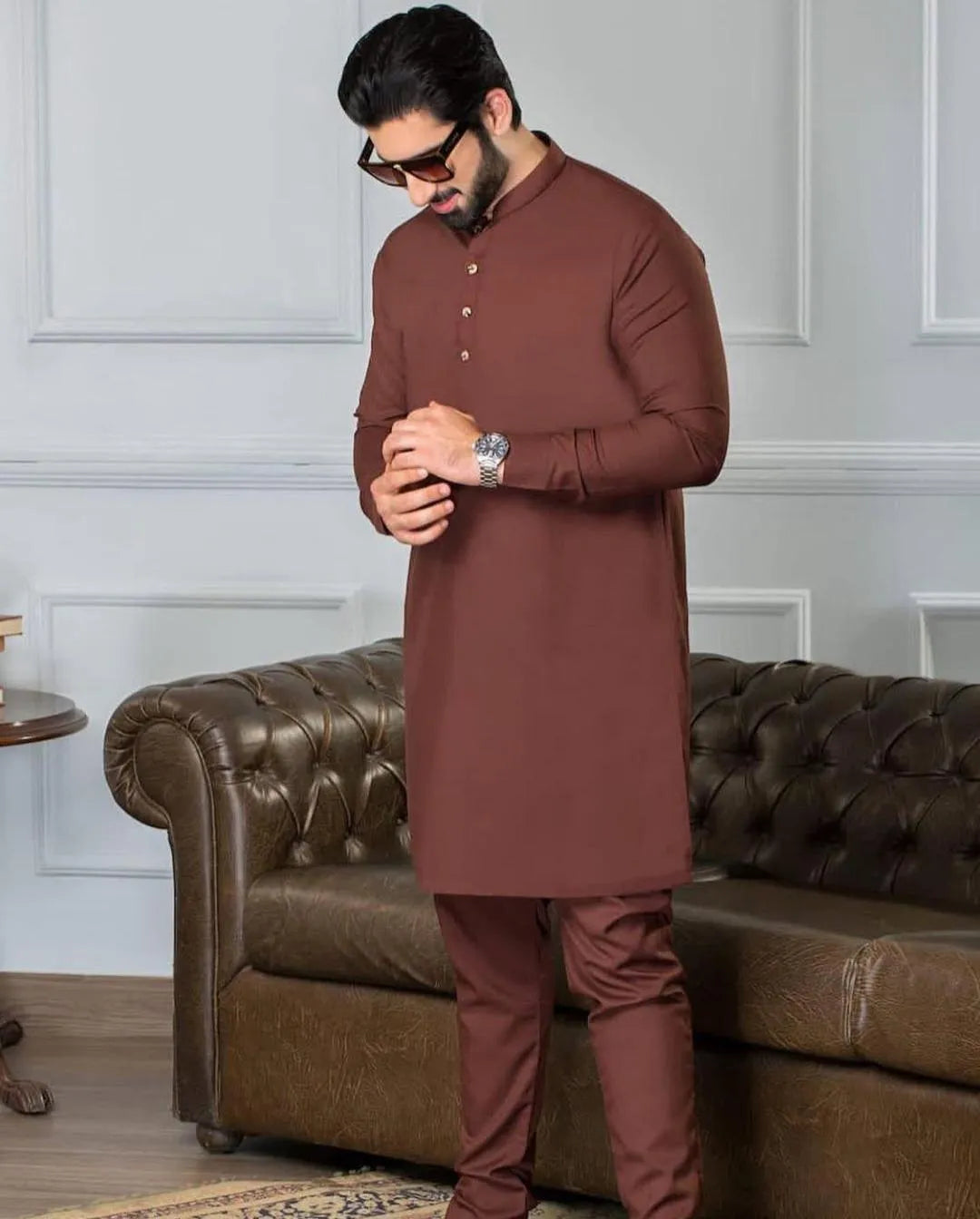 Stylish Men's Wash And Wear Shalwar Kameez - 2 Pcs Set in Brown, Plain Design
