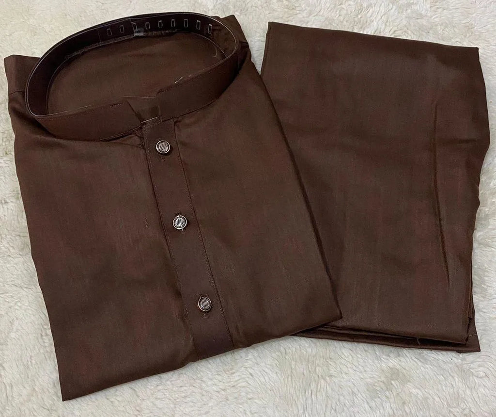 Stylish Men's Wash And Wear Shalwar Kameez - 2 Pcs Set in Brown, Plain Design
