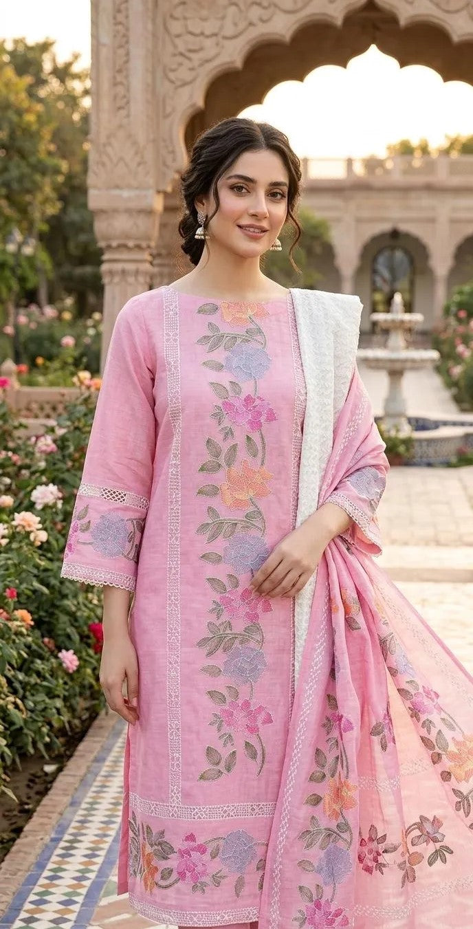 Pink Floral 2pc Kurta Set with Dupatta