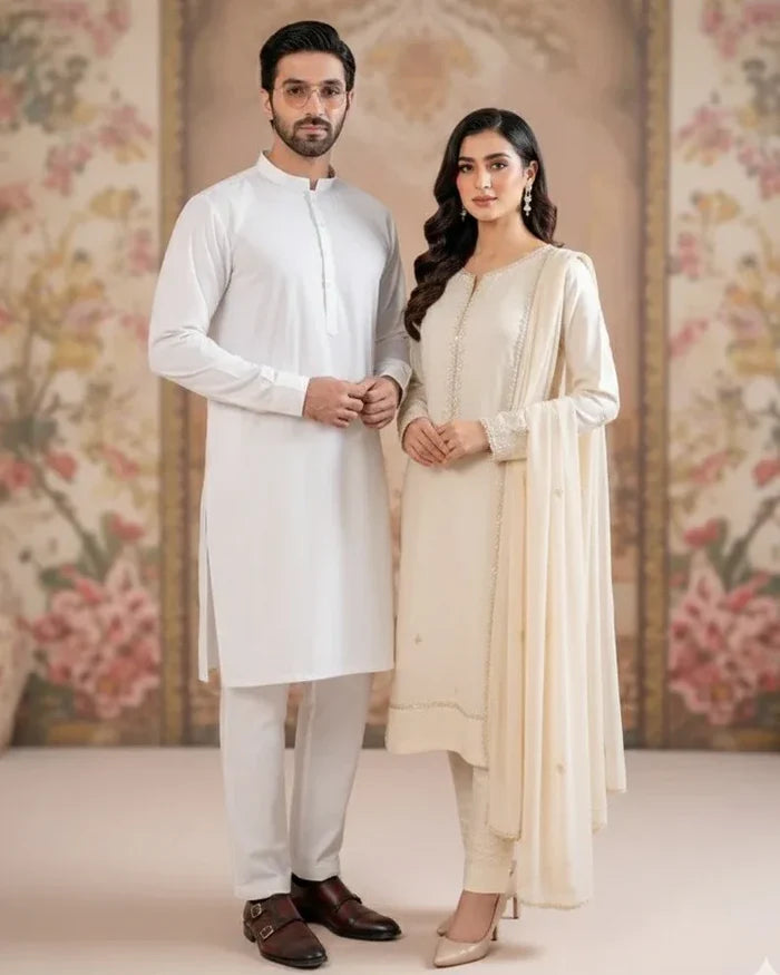 Off White Kurta Trouser/Shalwar - Men