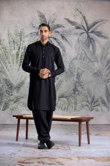 Stitched Double Collar Kameez Shalwar With Golden Square Metal Buttons for Men - Black