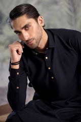 Stitched Double Collar Kameez Shalwar With Golden Square Metal Buttons for Men - Black