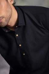 Stitched Double Collar Kameez Shalwar With Golden Square Metal Buttons for Men - Black