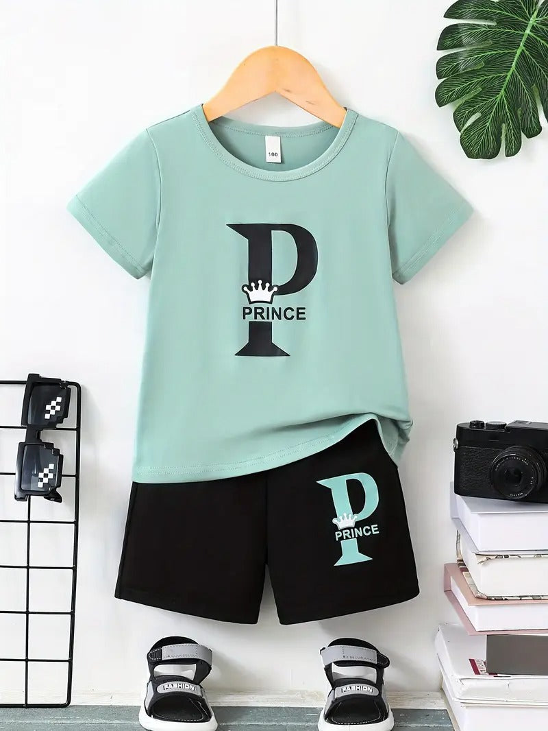 Kids T-Shirt & Short Set Printed Prince Black & Sea Green