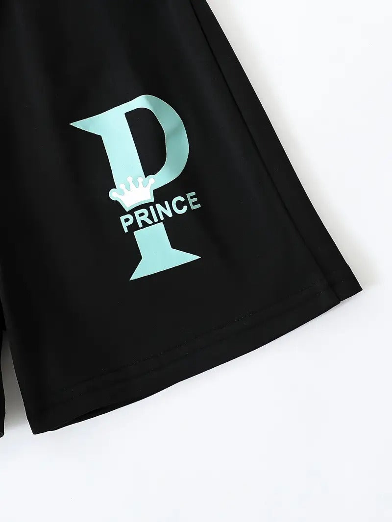 Kids T-Shirt & Short Set Printed Prince Black & Sea Green