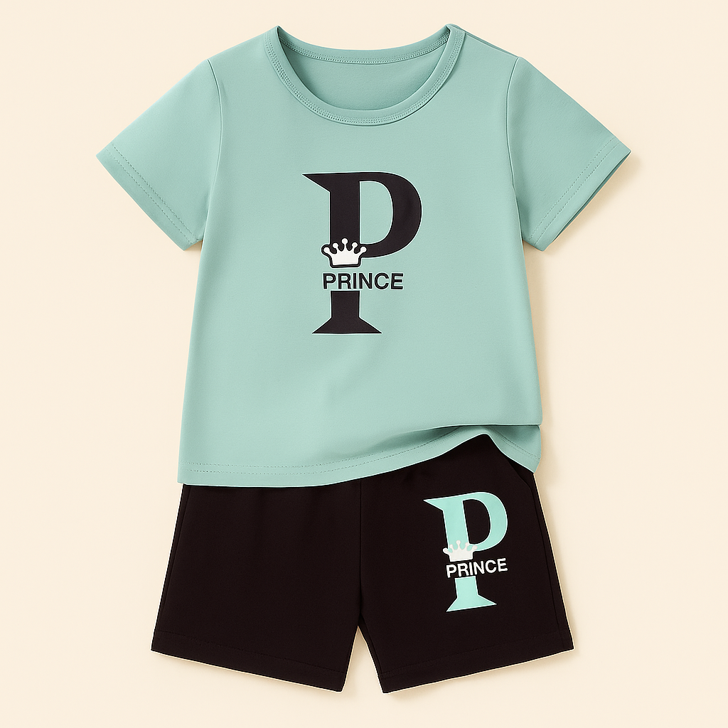 Kids T-Shirt & Short Set Printed Prince Black & Sea Green