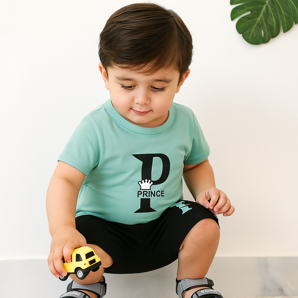 Kids T-Shirt & Short Set Printed Prince Black & Sea Green