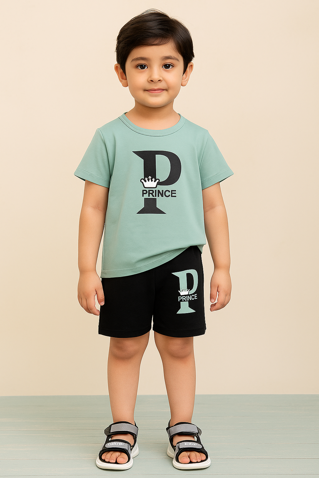 Kids T-Shirt & Short Set Printed Prince Black & Sea Green